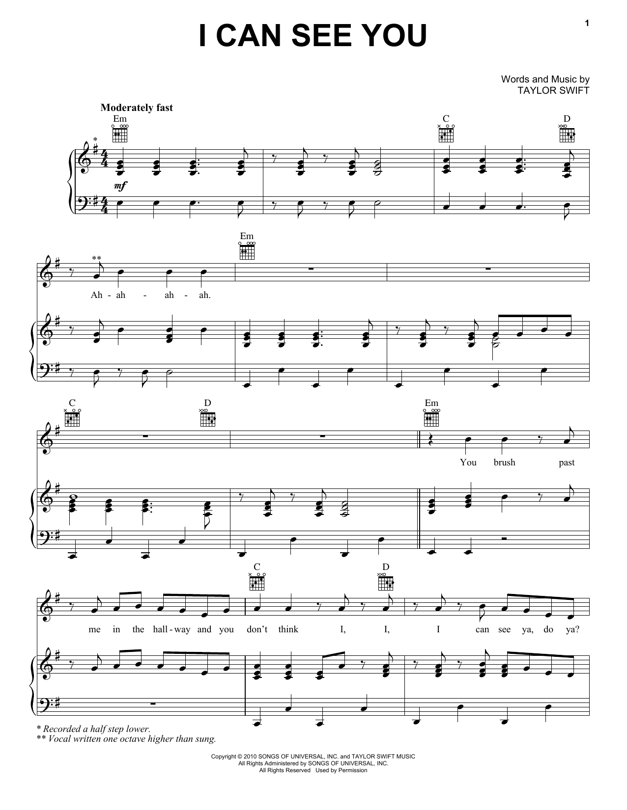 Download Taylor Swift I Can See You (Taylor's Version) (From The Vault) Sheet Music and learn how to play Piano, Vocal & Guitar Chords (Right-Hand Melody) PDF digital score in minutes