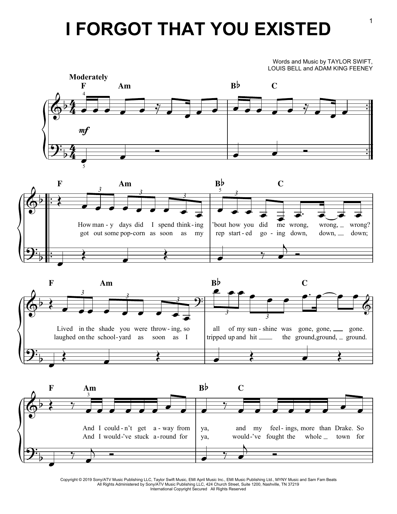 Download Taylor Swift I Forgot That You Existed Sheet Music and learn how to play Piano, Vocal & Guitar Chords (Right-Hand Melody) PDF digital score in minutes