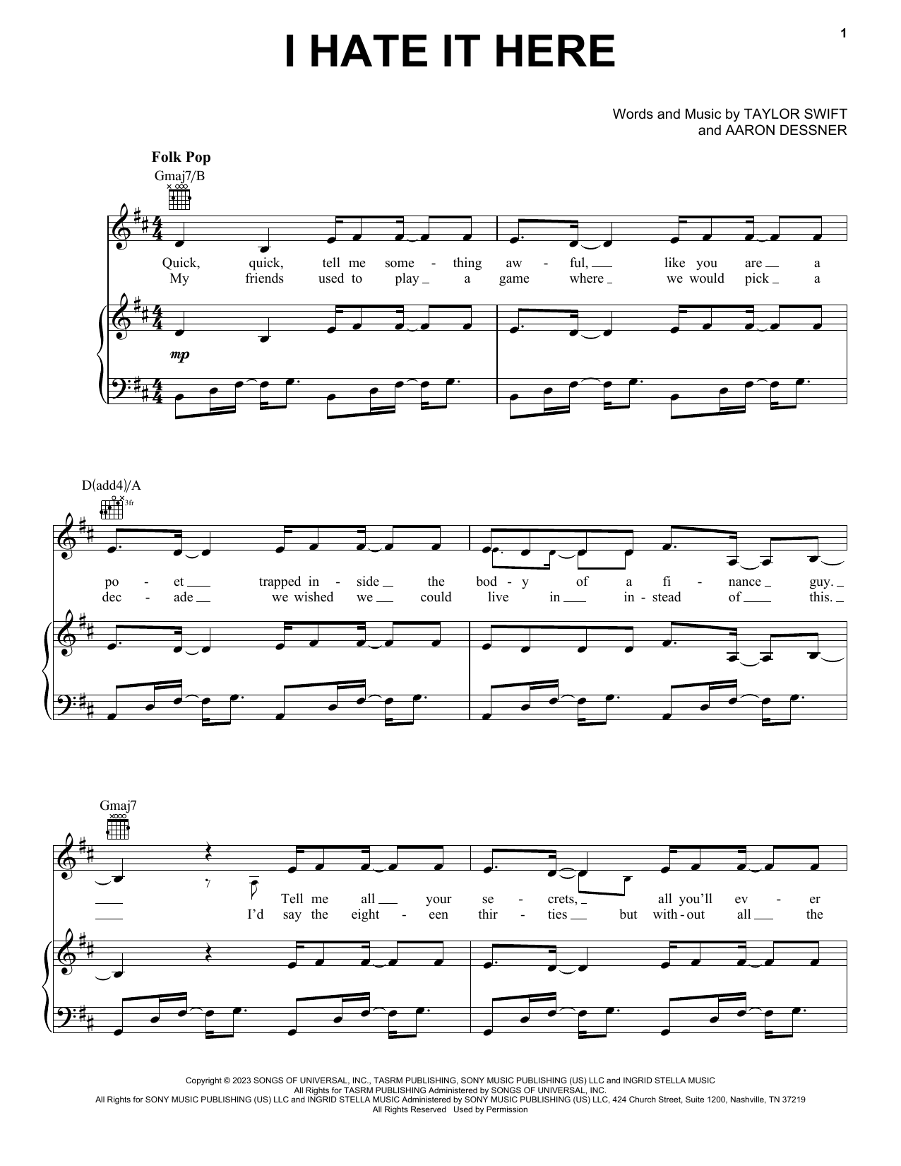 Download Taylor Swift I Hate It Here Sheet Music and learn how to play Guitar Chords/Lyrics PDF digital score in minutes