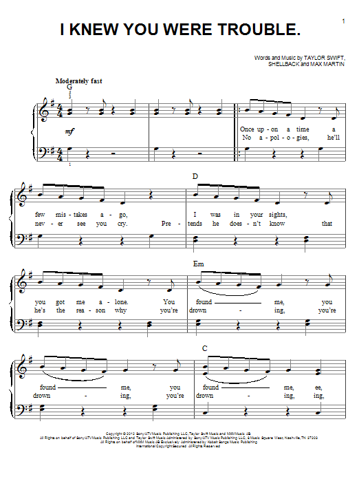 Download Taylor Swift I Knew You Were Trouble Sheet Music and learn how to play Voice PDF digital score in minutes