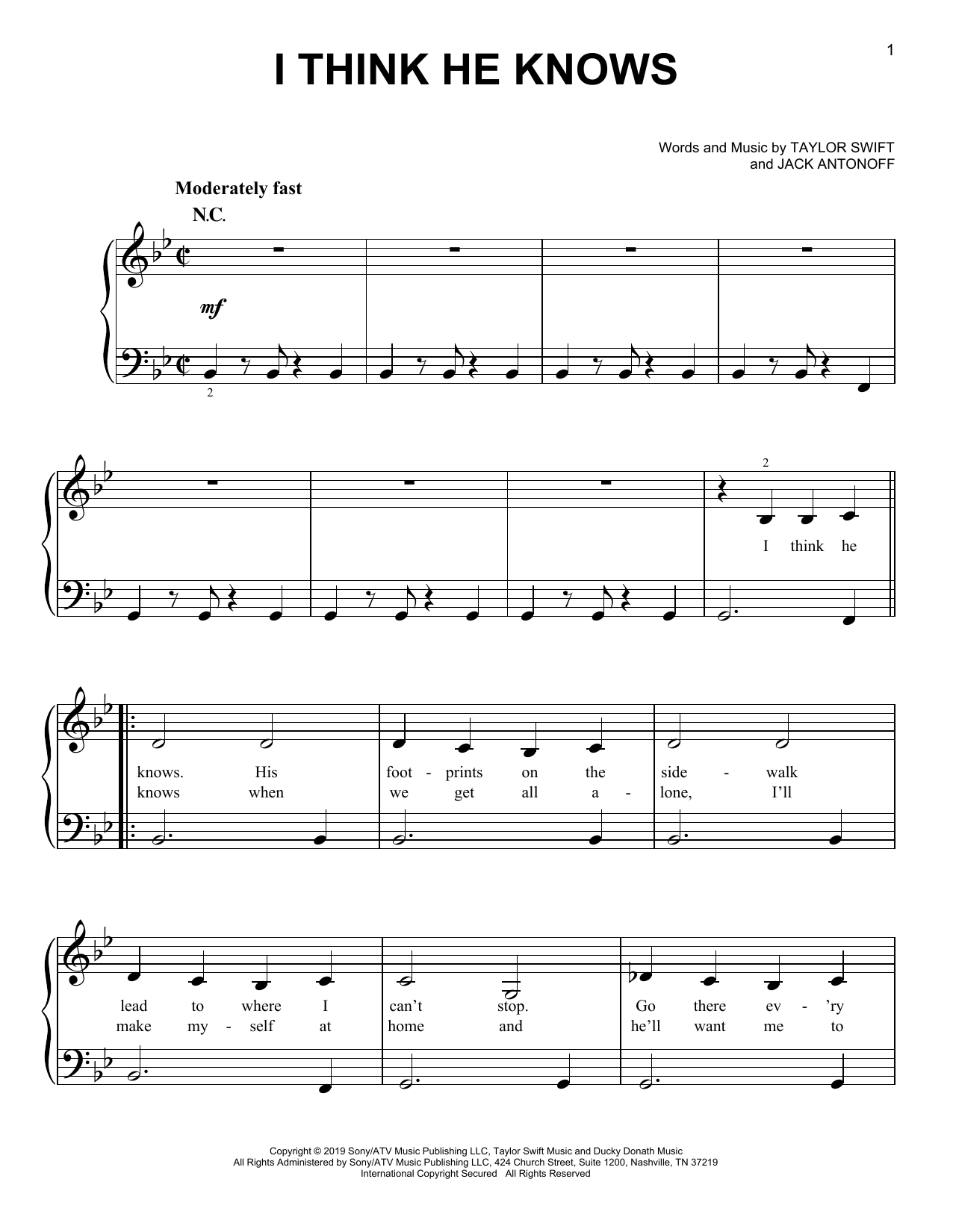 Download Taylor Swift I Think He Knows Sheet Music and learn how to play Piano, Vocal & Guitar Chords (Right-Hand Melody) PDF digital score in minutes
