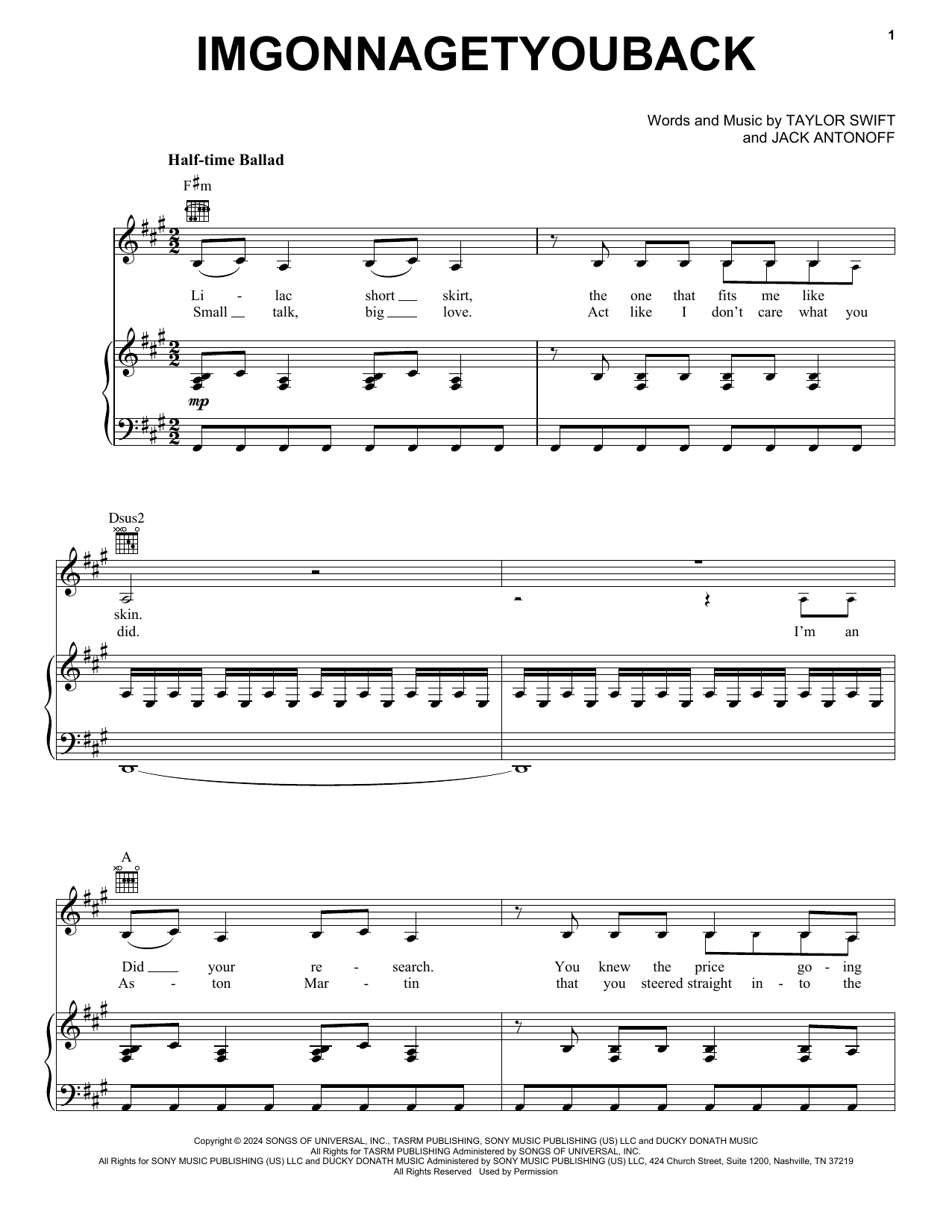 Download Taylor Swift imgonnagetyouback Sheet Music and learn how to play Piano, Vocal & Guitar Chords (Right-Hand Melody) PDF digital score in minutes