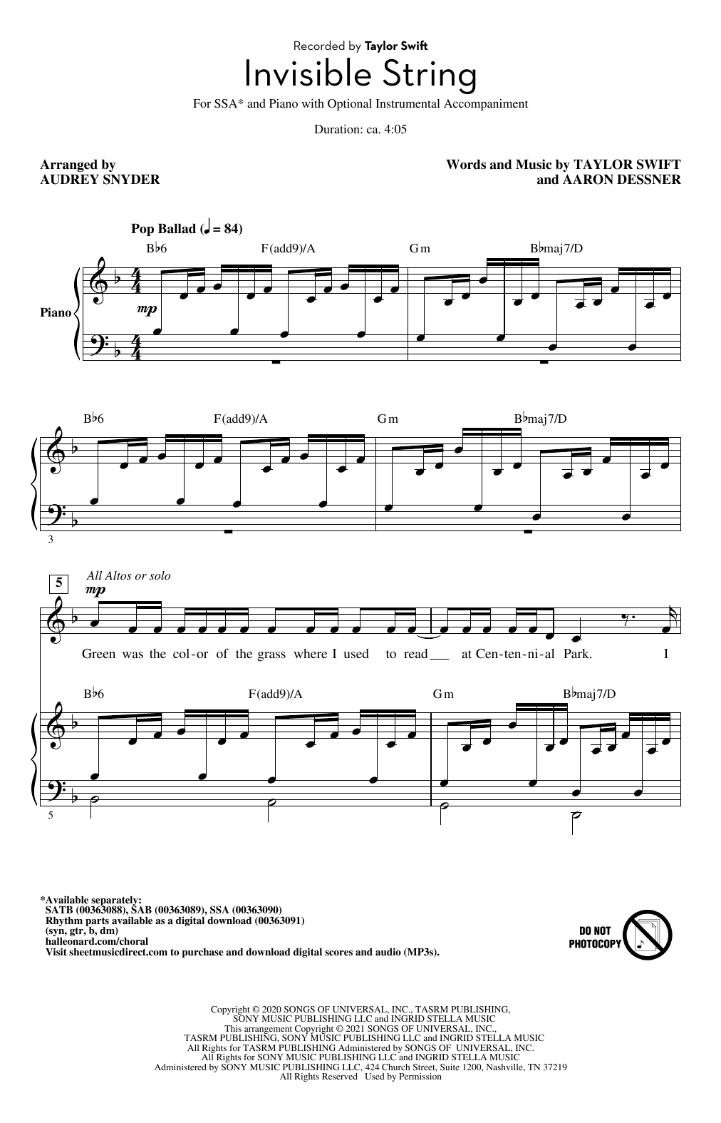 Download Taylor Swift invisible string (arr. Audrey Snyder) Sheet Music and learn how to play SATB Choir PDF digital score in minutes