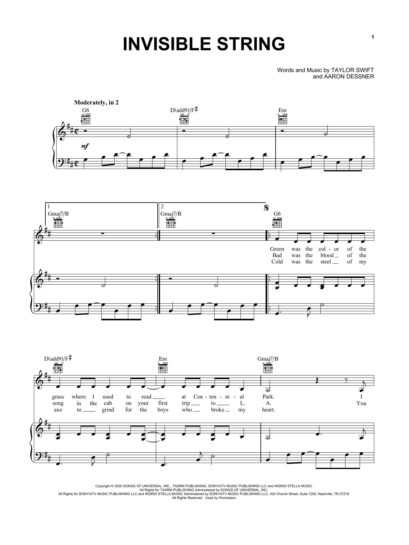 Download Taylor Swift invisible string Sheet Music and learn how to play Easy Piano PDF digital score in minutes