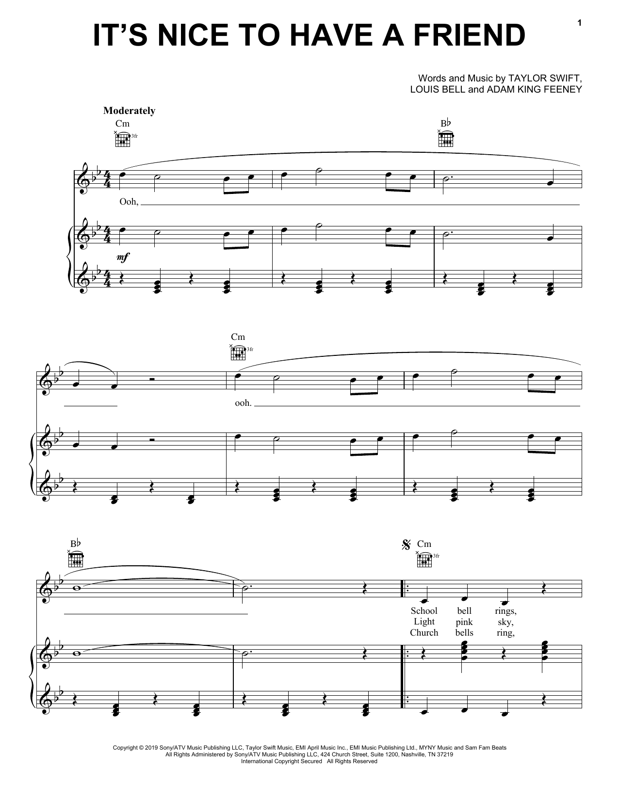 Download Taylor Swift It's Nice To Have A Friend Sheet Music and learn how to play Easy Piano PDF digital score in minutes