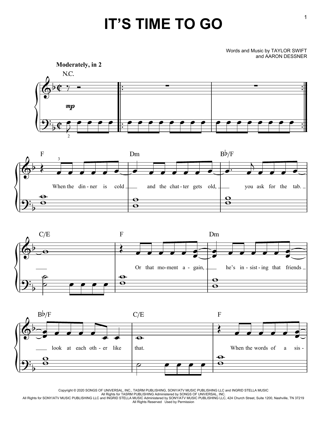 Download Taylor Swift it's time to go Sheet Music and learn how to play Easy Piano PDF digital score in minutes