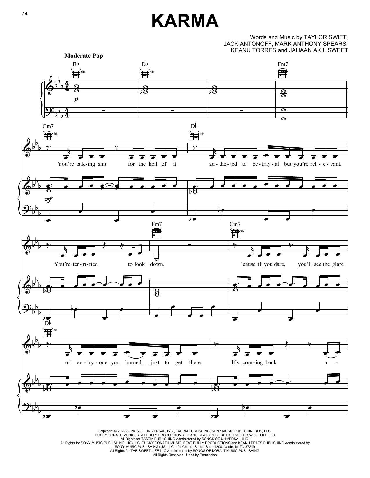 Download Taylor Swift Karma Sheet Music and learn how to play Easy Piano PDF digital score in minutes