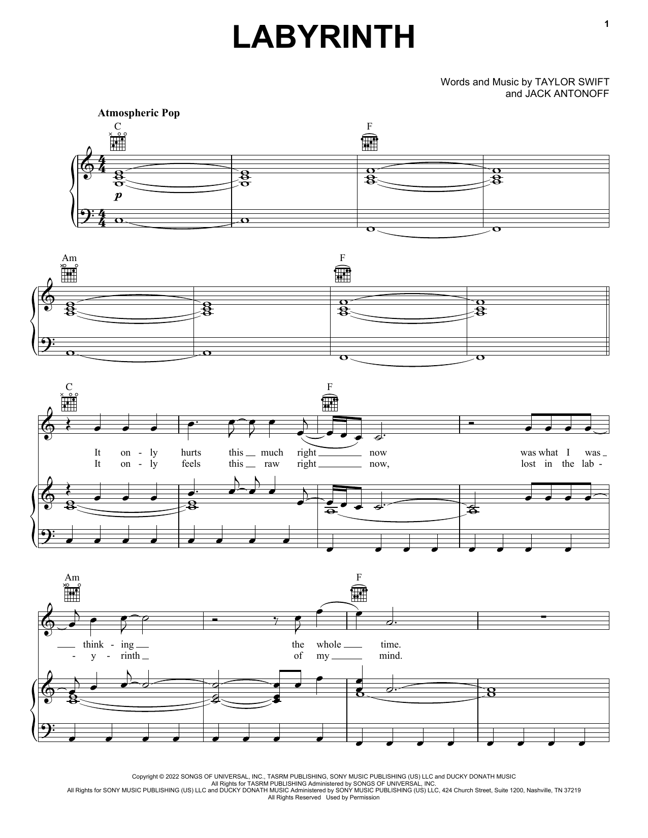 Download Taylor Swift Labyrinth Sheet Music and learn how to play Piano, Vocal & Guitar Chords (Right-Hand Melody) PDF digital score in minutes