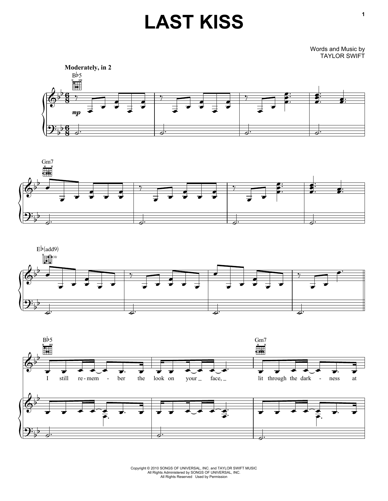 Download Taylor Swift Last Kiss Sheet Music and learn how to play Lyrics & Chords PDF digital score in minutes