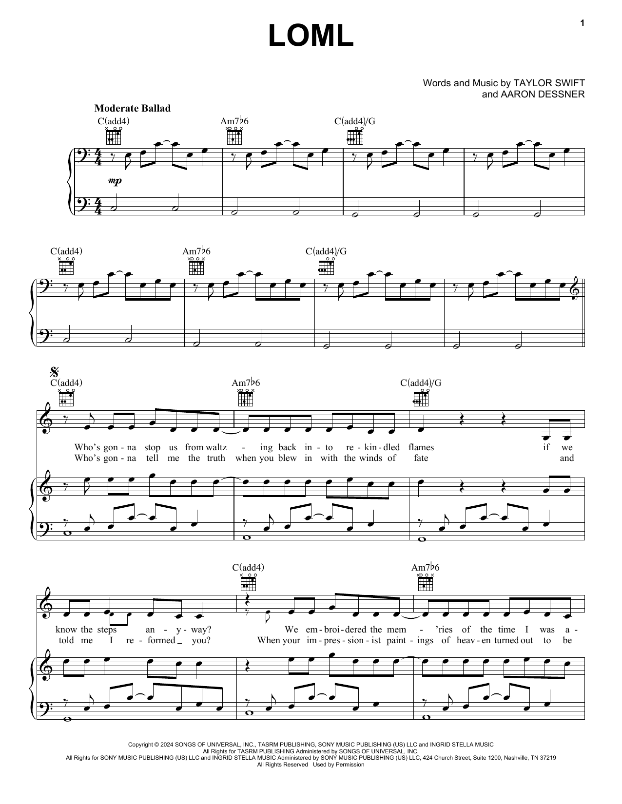 Download Taylor Swift Loml Sheet Music and learn how to play Piano, Vocal & Guitar Chords (Right-Hand Melody) PDF digital score in minutes