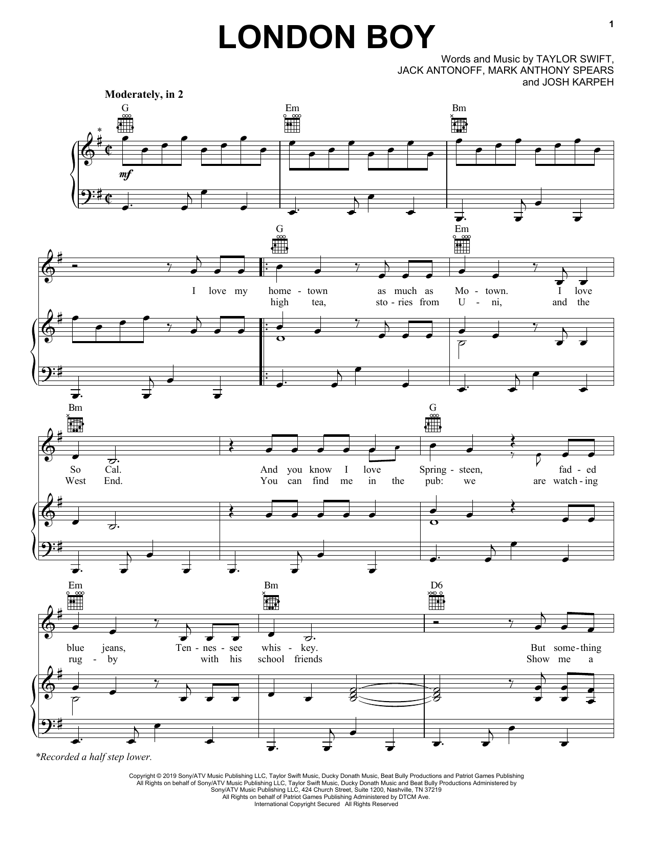 Download Taylor Swift London Boy Sheet Music and learn how to play Piano, Vocal & Guitar Chords (Right-Hand Melody) PDF digital score in minutes