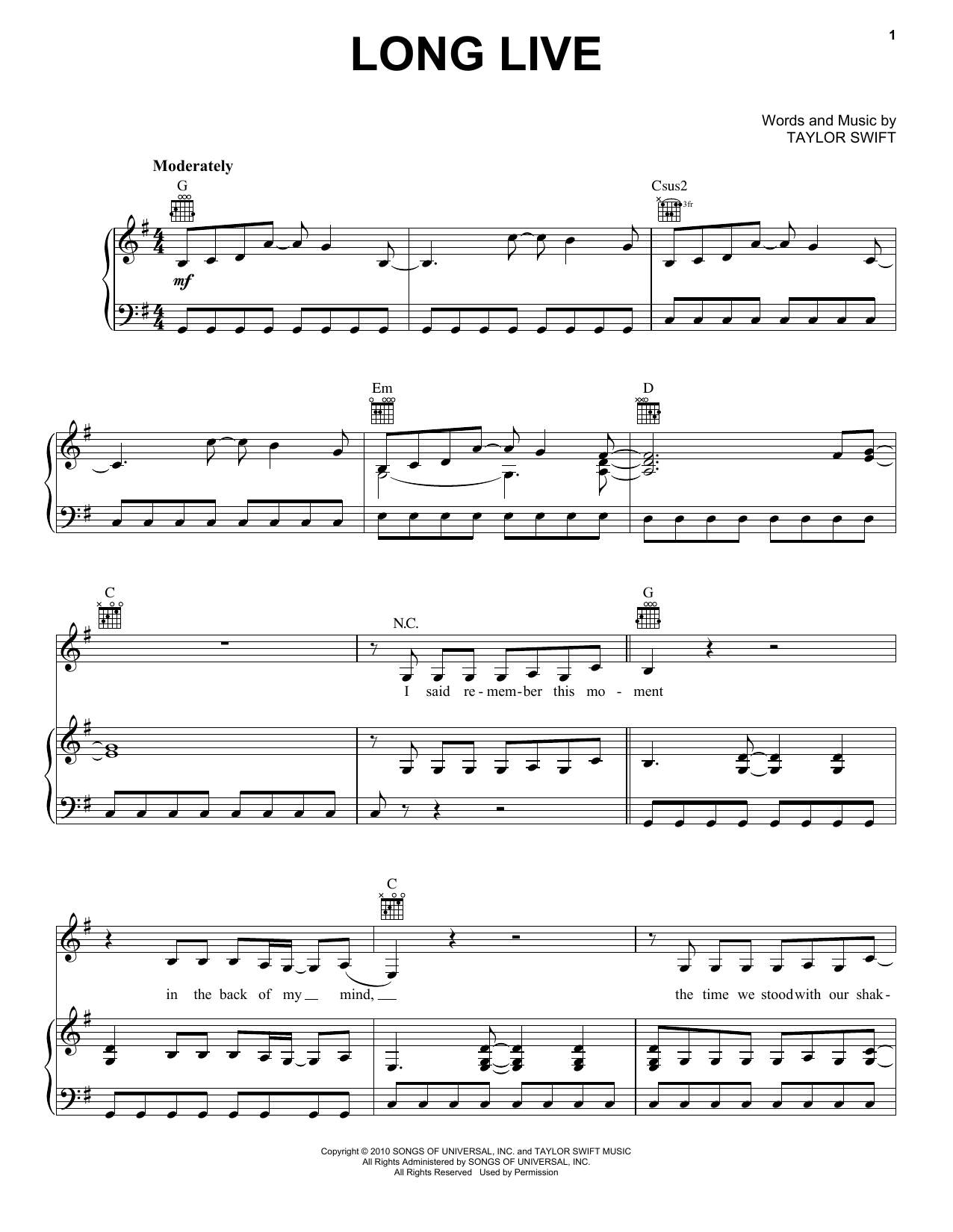 Download Taylor Swift Long Live Sheet Music and learn how to play Piano, Vocal & Guitar (Right-Hand Melody) PDF digital score in minutes