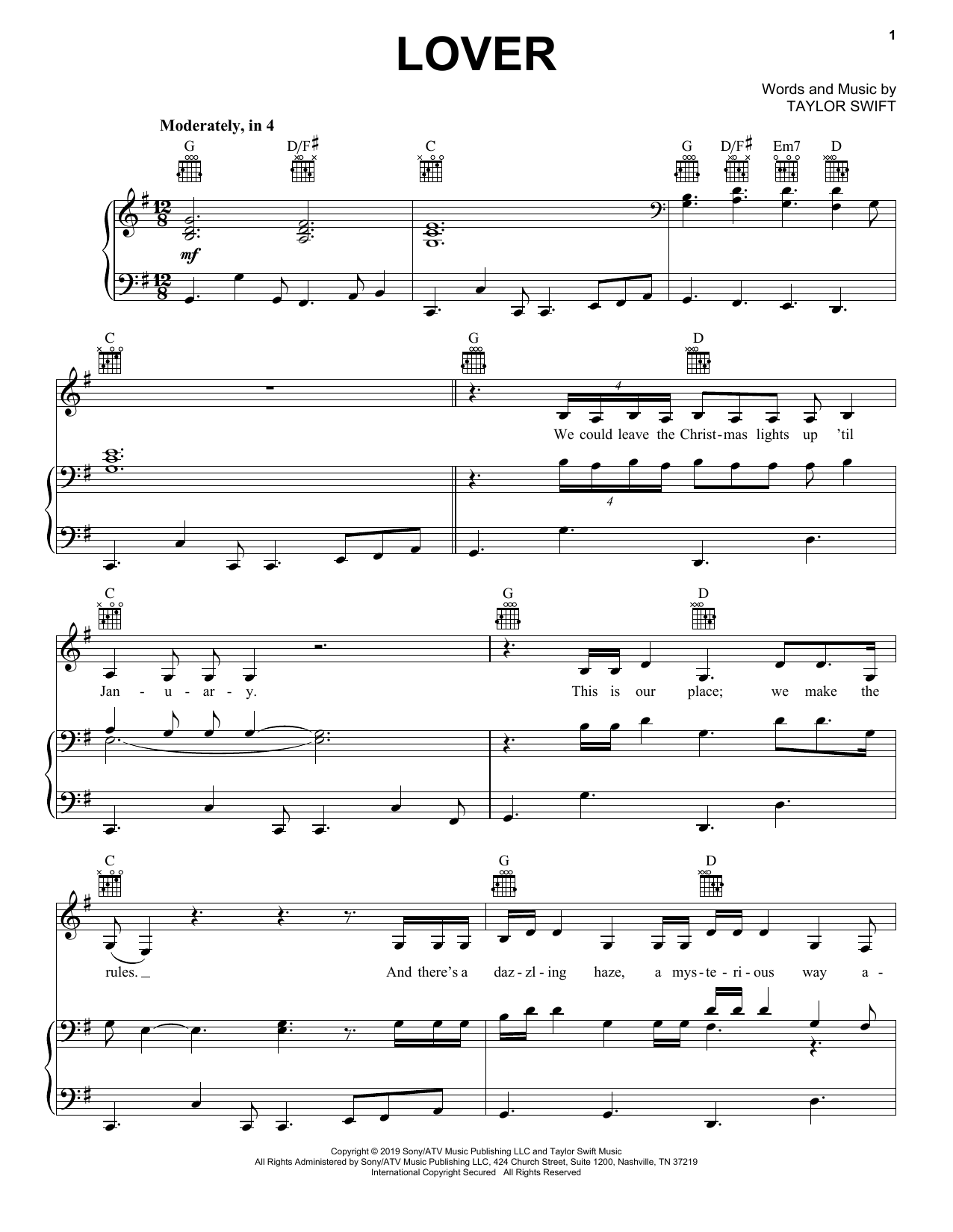 Download Taylor Swift Lover Sheet Music and learn how to play Really Easy Piano PDF digital score in minutes