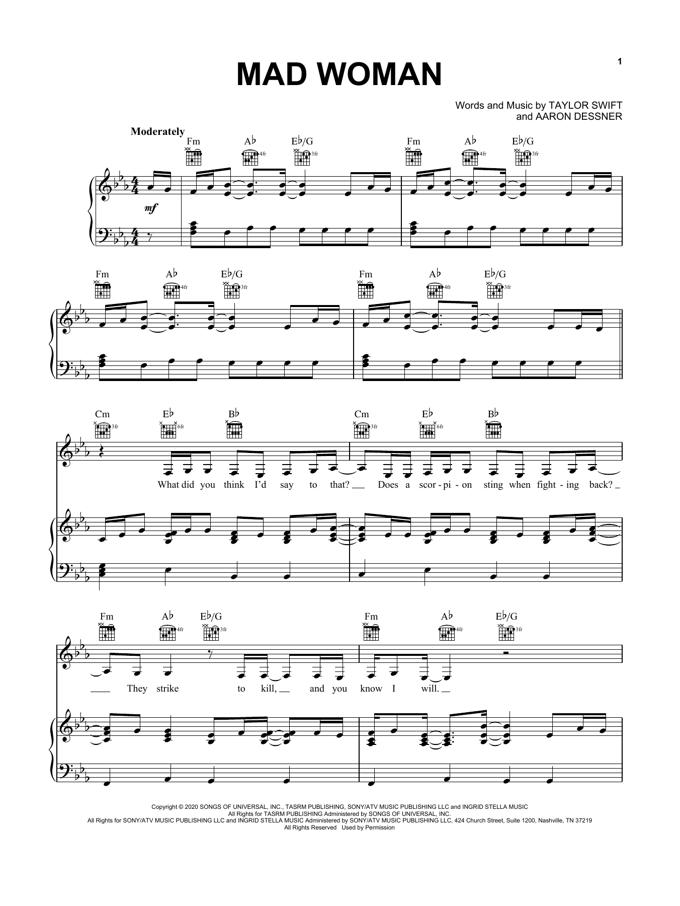 Download Taylor Swift mad woman Sheet Music and learn how to play Easy Piano PDF digital score in minutes