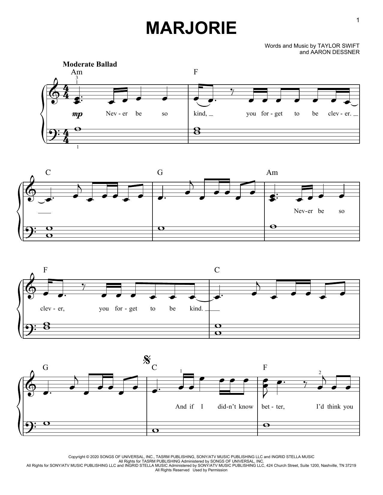 Download Taylor Swift marjorie Sheet Music and learn how to play Easy Piano PDF digital score in minutes