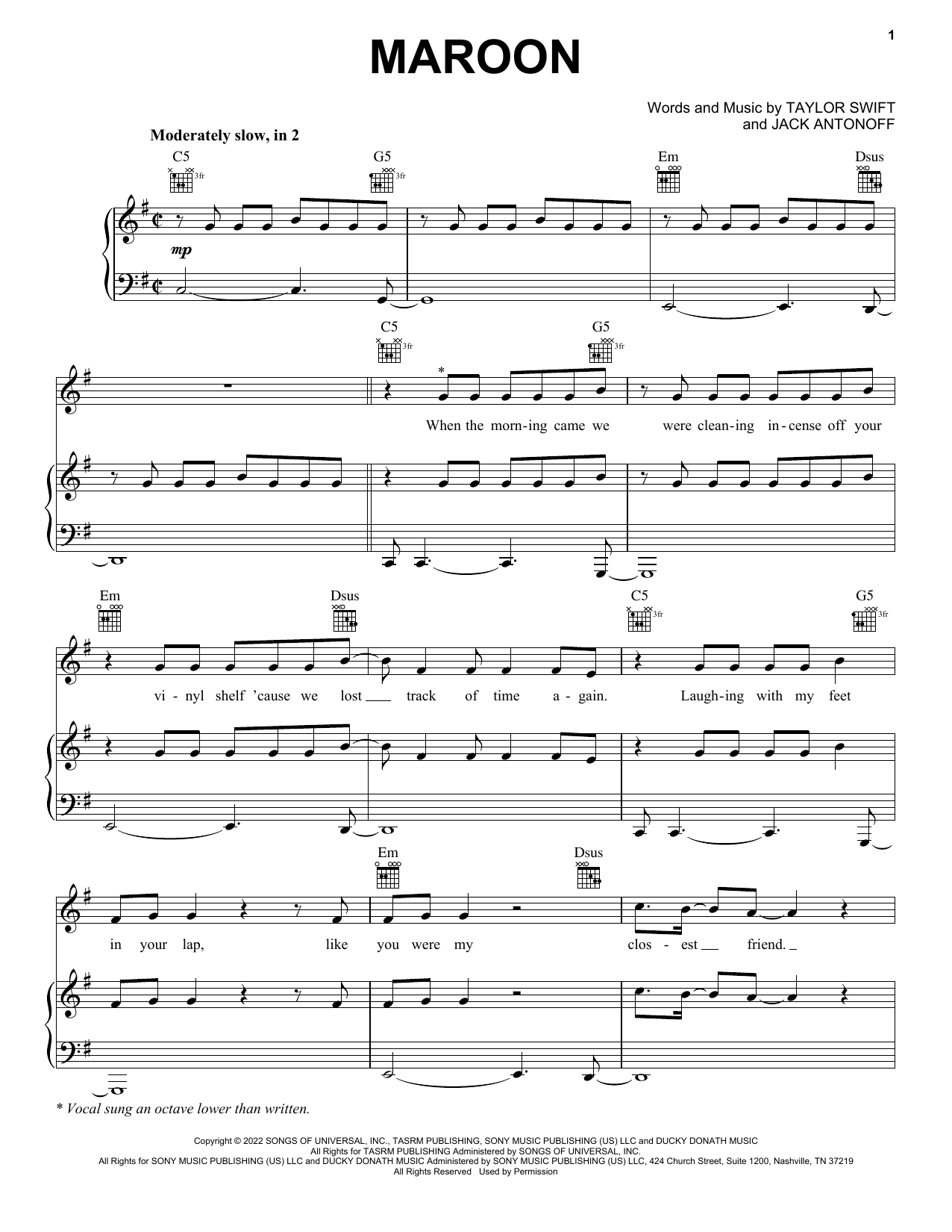 Download Taylor Swift Maroon Sheet Music and learn how to play Easy Piano PDF digital score in minutes