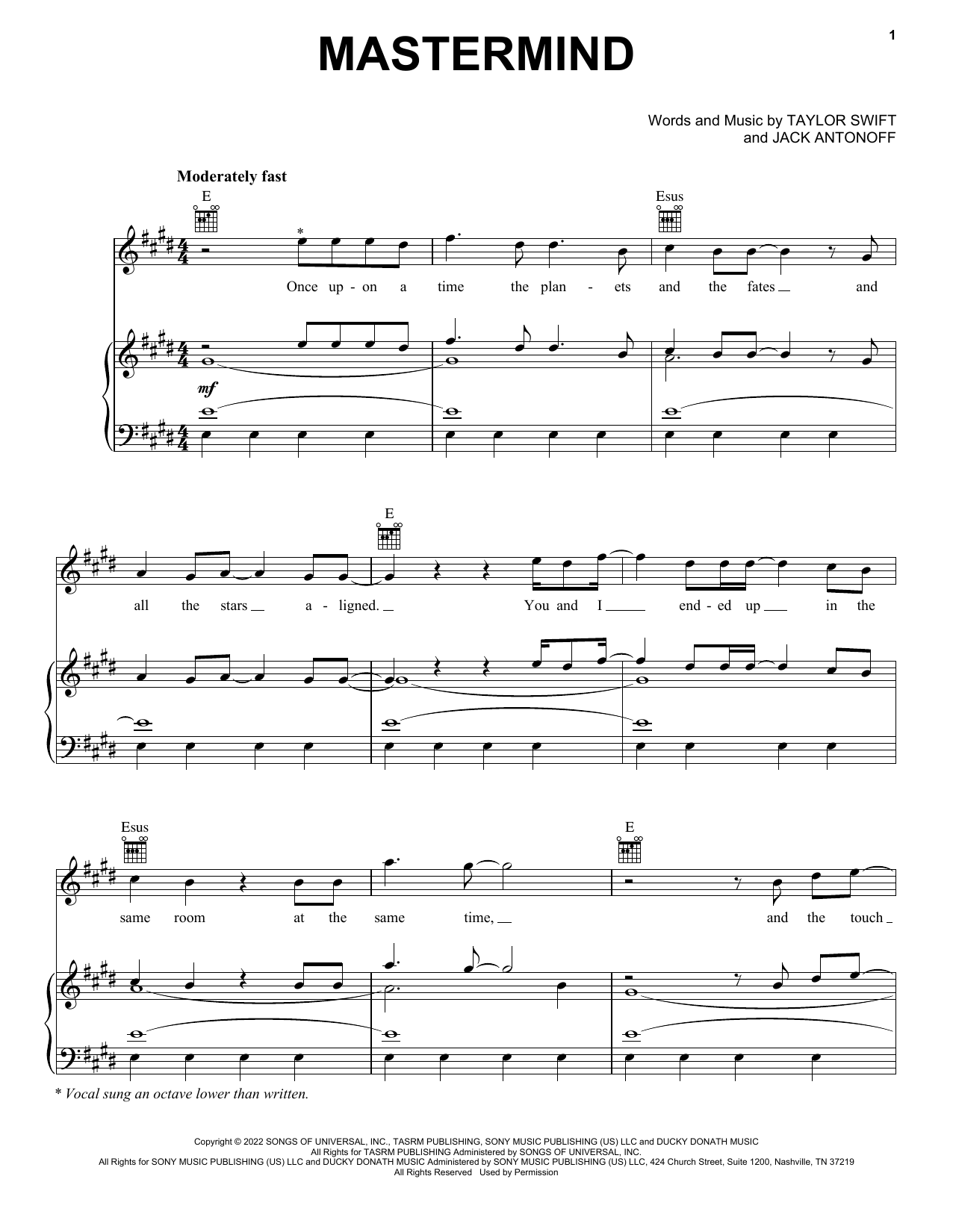 Download Taylor Swift Mastermind Sheet Music and learn how to play Piano, Vocal & Guitar Chords (Right-Hand Melody) PDF digital score in minutes