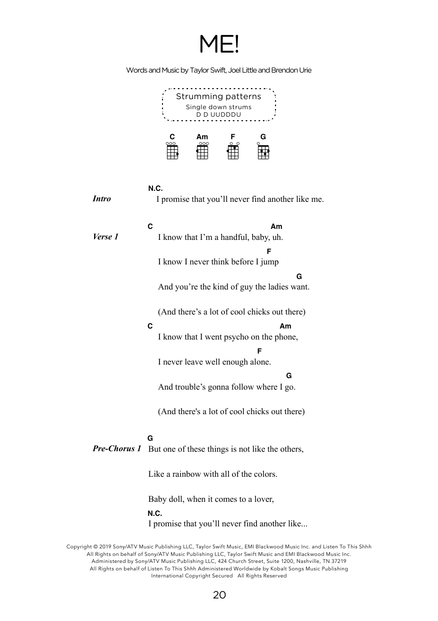 Download Taylor Swift ME! (arr. Elise Ecklund) Sheet Music and learn how to play Ukulele Chords/Lyrics PDF digital score in minutes