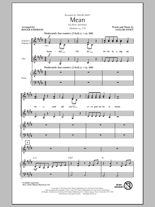 Download Taylor Swift Mean (arr. Roger Emerson) Sheet Music and learn how to play SSA PDF digital score in minutes