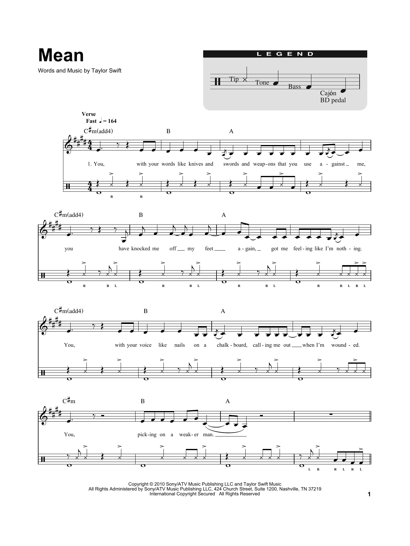 Download Taylor Swift Mean Sheet Music and learn how to play Drums Transcription PDF digital score in minutes