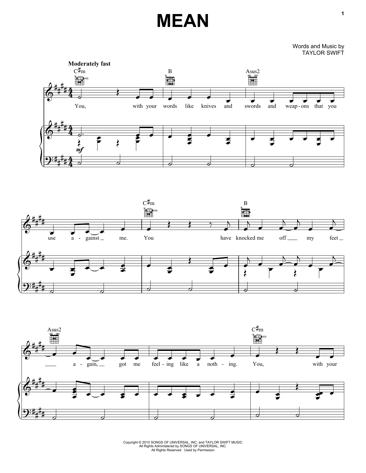 Download Taylor Swift Mean Sheet Music and learn how to play Easy Guitar PDF digital score in minutes