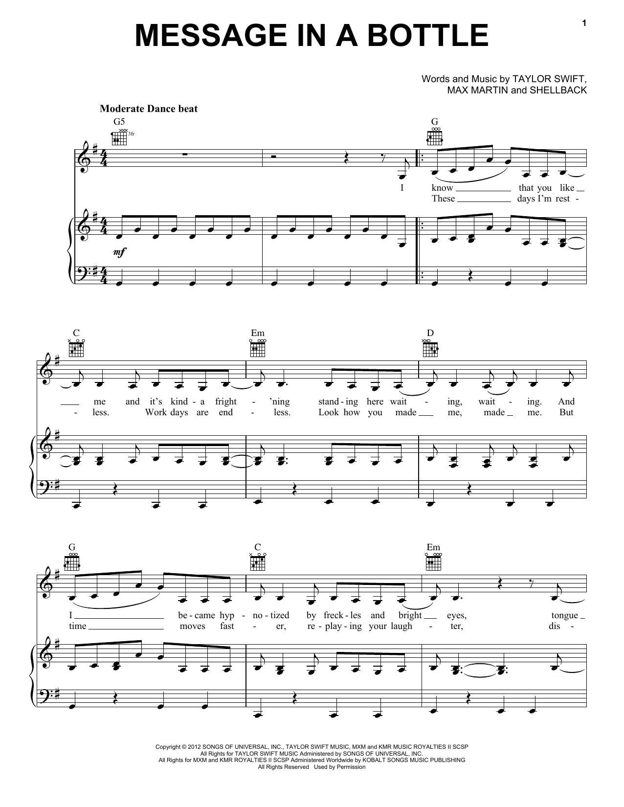 Download Taylor Swift Message In A Bottle (Taylor's Version) (From The Vault) Sheet Music and learn how to play Piano, Vocal & Guitar Chords (Right-Hand Melody) PDF digital score in minutes
