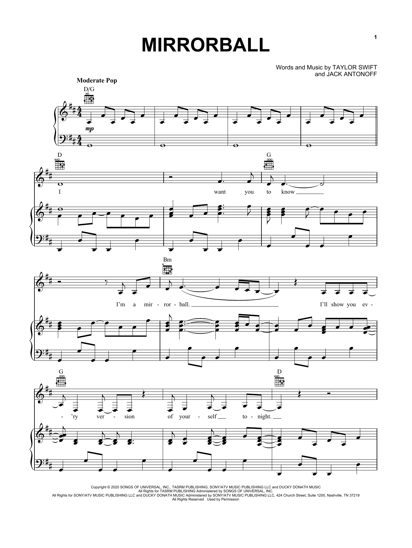 Download Taylor Swift mirrorball Sheet Music and learn how to play Easy Piano PDF digital score in minutes