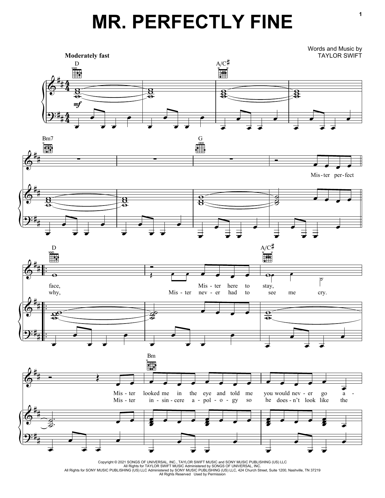 Download Taylor Swift Mr. Perfectly Fine (Taylor's Version) (From The Vault) Sheet Music and learn how to play Piano, Vocal & Guitar Chords (Right-Hand Melody) PDF digital score in minutes
