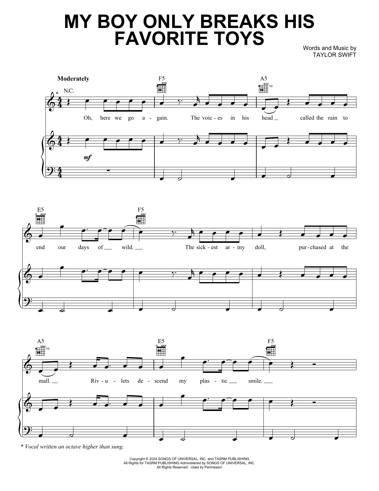 Download Taylor Swift My Boy Only Breaks His Favorite Toys Sheet Music and learn how to play Piano, Vocal & Guitar Chords (Right-Hand Melody) PDF digital score in minutes
