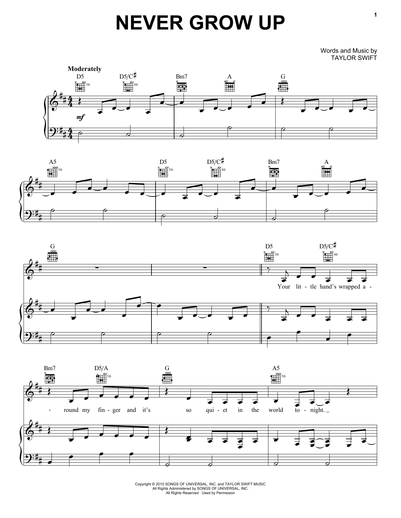 Download Taylor Swift Never Grow Up Sheet Music and learn how to play Easy Piano PDF digital score in minutes