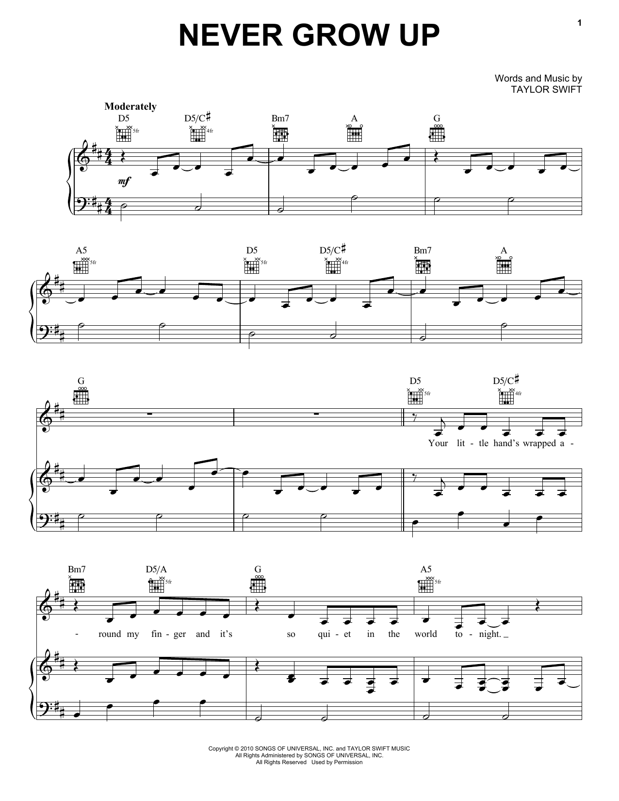 Download Taylor Swift Never Grow Up (Taylor's Version) Sheet Music and learn how to play Piano, Vocal & Guitar Chords (Right-Hand Melody) PDF digital score in minutes