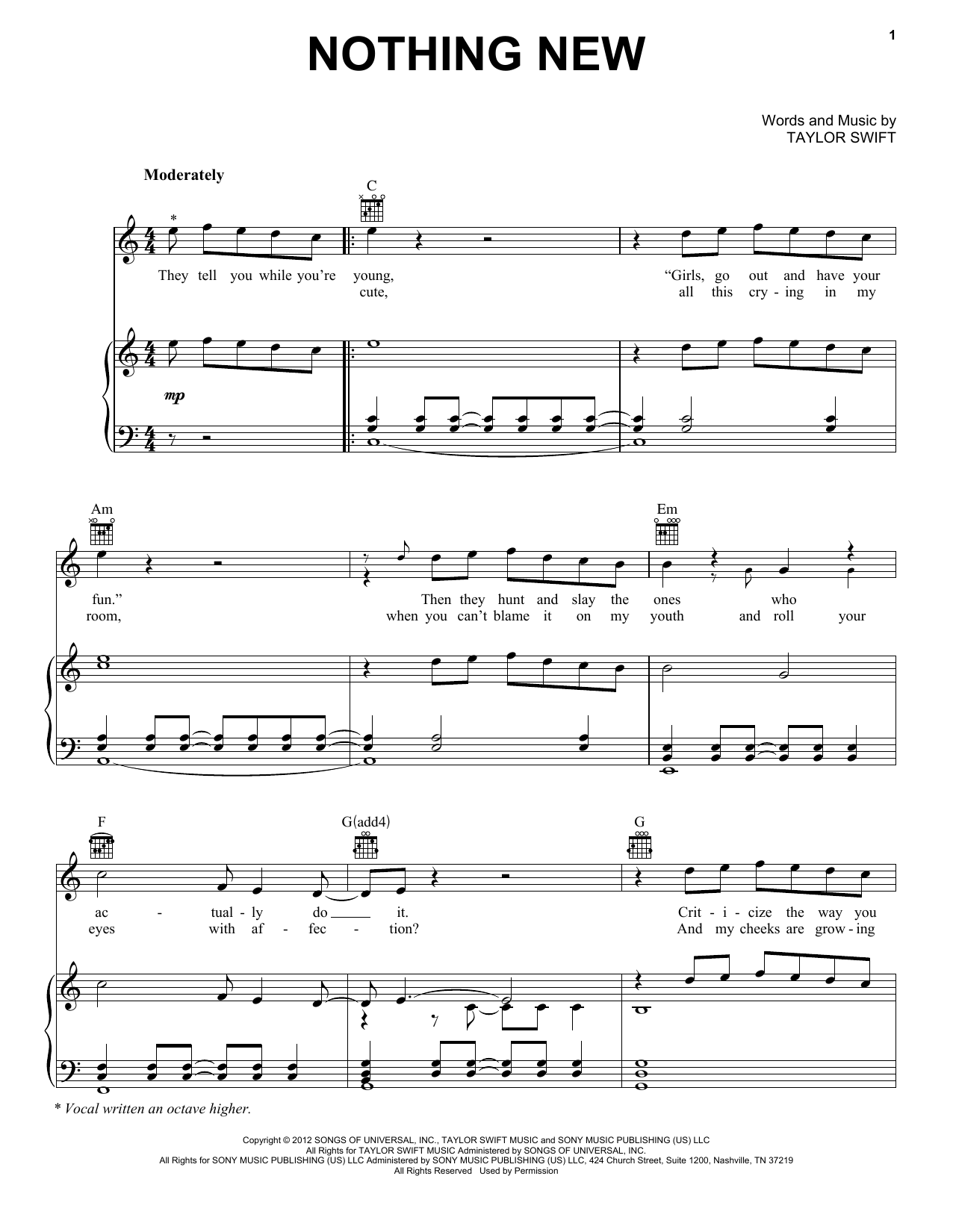 Download Taylor Swift Nothing New (feat. Phoebe Bridgers) (Taylor's Version) (From The Vault) Sheet Music and learn how to play Piano, Vocal & Guitar Chords (Right-Hand Melody) PDF digital score in minutes
