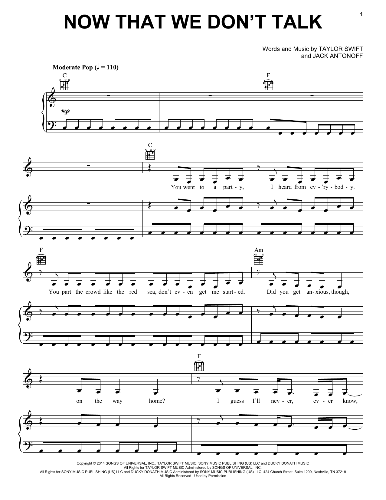 Download Taylor Swift Now That We Don't Talk (Taylor's Version) (From The Vault) Sheet Music and learn how to play Piano, Vocal & Guitar Chords (Right-Hand Melody) PDF digital score in minutes