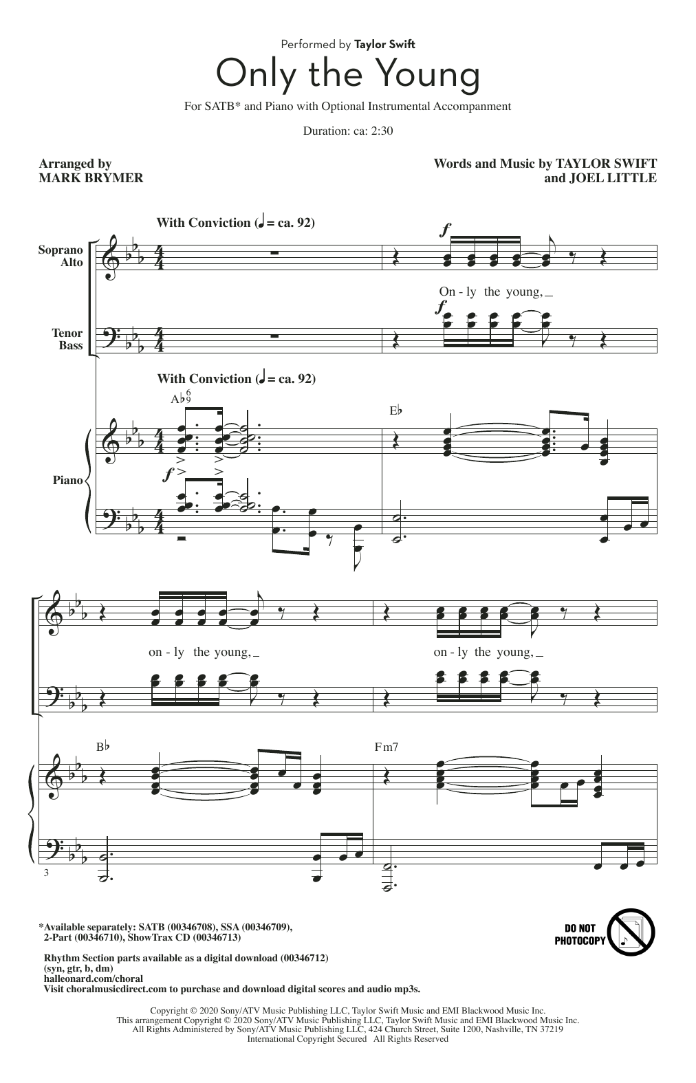 Download Taylor Swift Only The Young (arr. Mark Brymer) Sheet Music and learn how to play 2-Part Choir PDF digital score in minutes