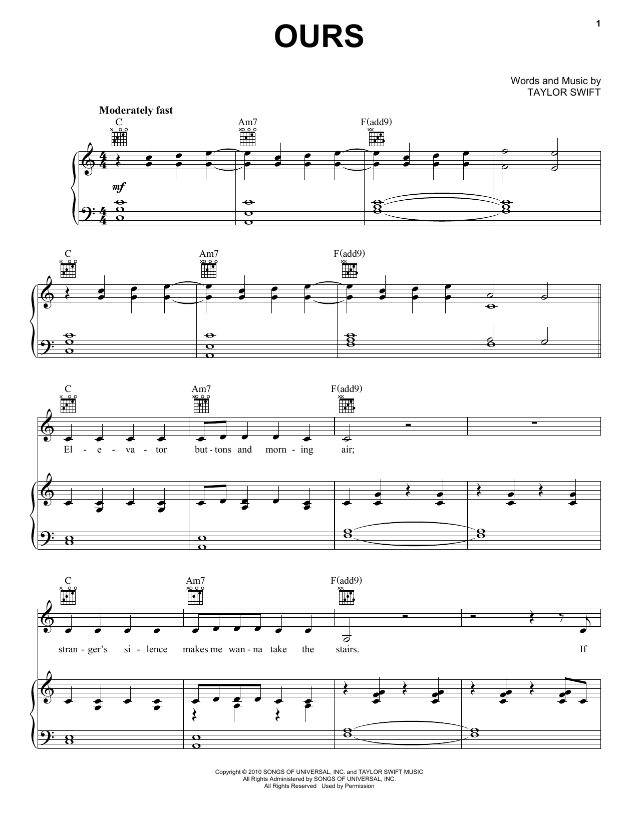 Download Taylor Swift Ours Sheet Music and learn how to play Piano, Vocal & Guitar (Right-Hand Melody) PDF digital score in minutes