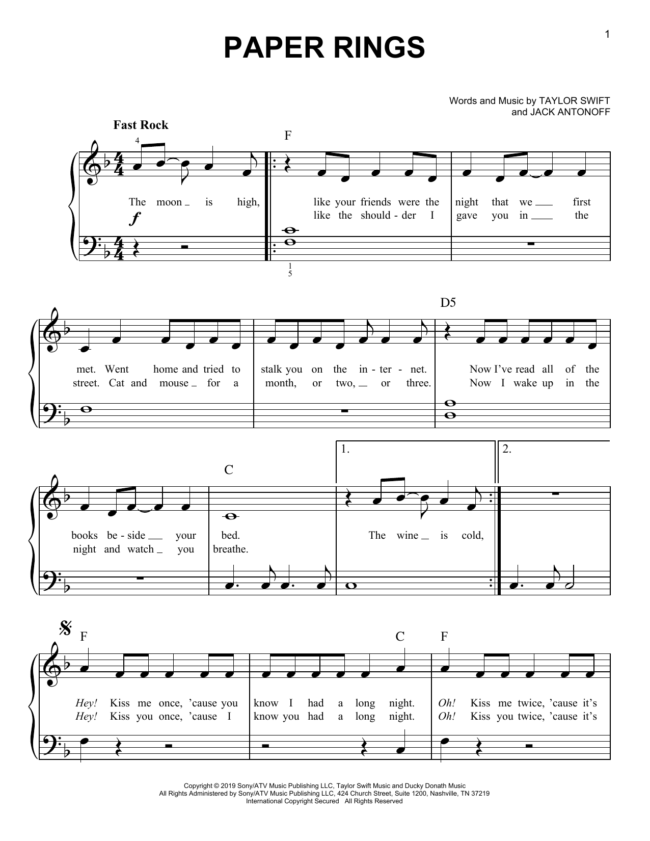 Download Taylor Swift Paper Rings Sheet Music and learn how to play Easy Piano PDF digital score in minutes