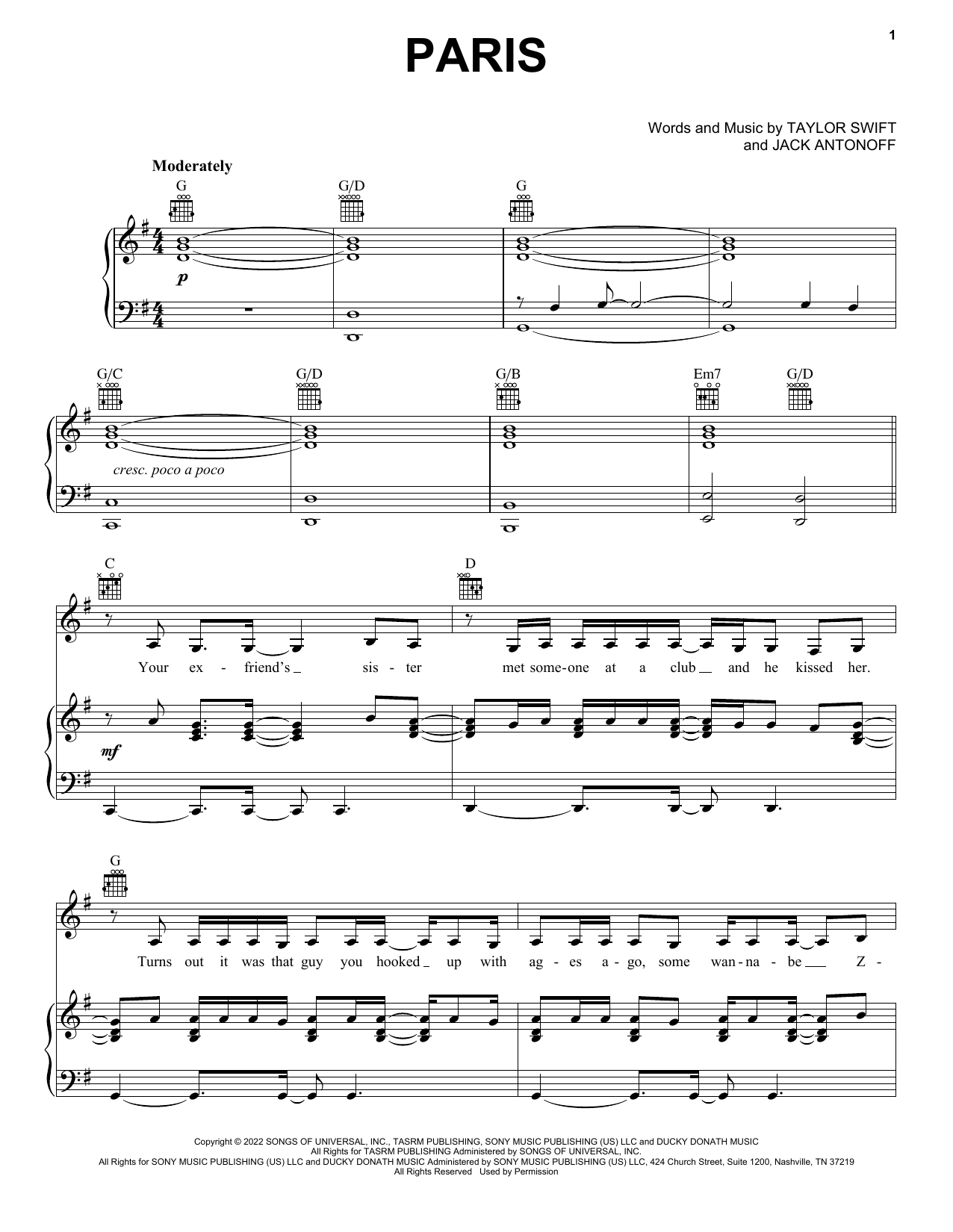 Download Taylor Swift Paris Sheet Music and learn how to play Piano, Vocal & Guitar Chords (Right-Hand Melody) PDF digital score in minutes