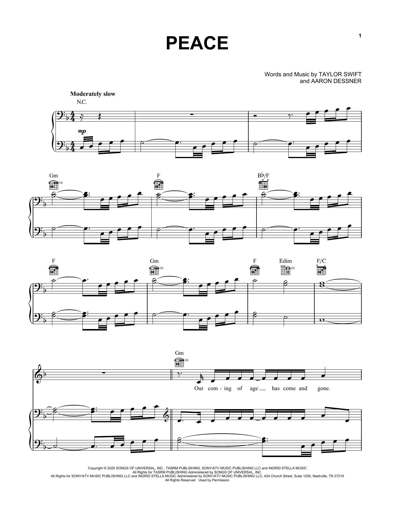 Download Taylor Swift peace Sheet Music and learn how to play Easy Piano PDF digital score in minutes
