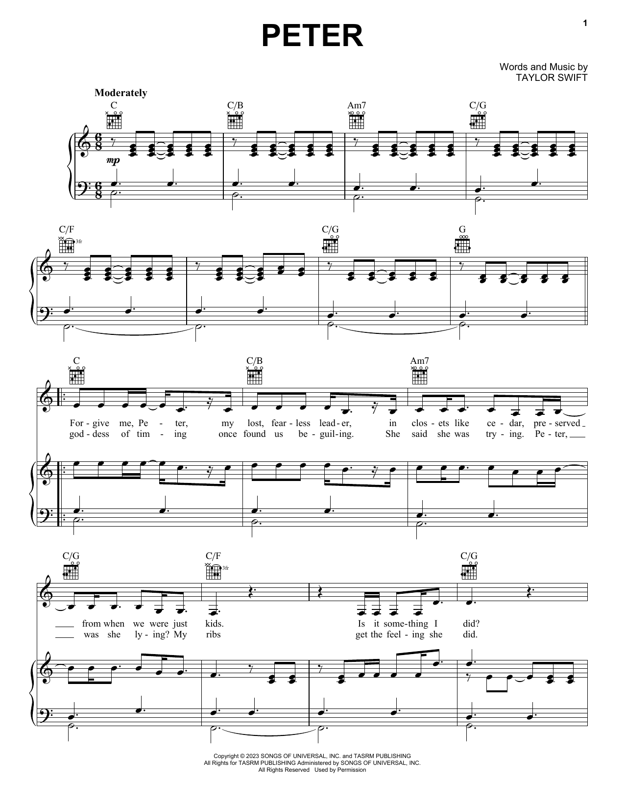 Download Taylor Swift Peter Sheet Music and learn how to play Piano, Vocal & Guitar Chords (Right-Hand Melody) PDF digital score in minutes