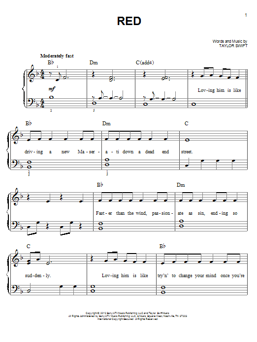 Download Taylor Swift Red Sheet Music and learn how to play Voice PDF digital score in minutes