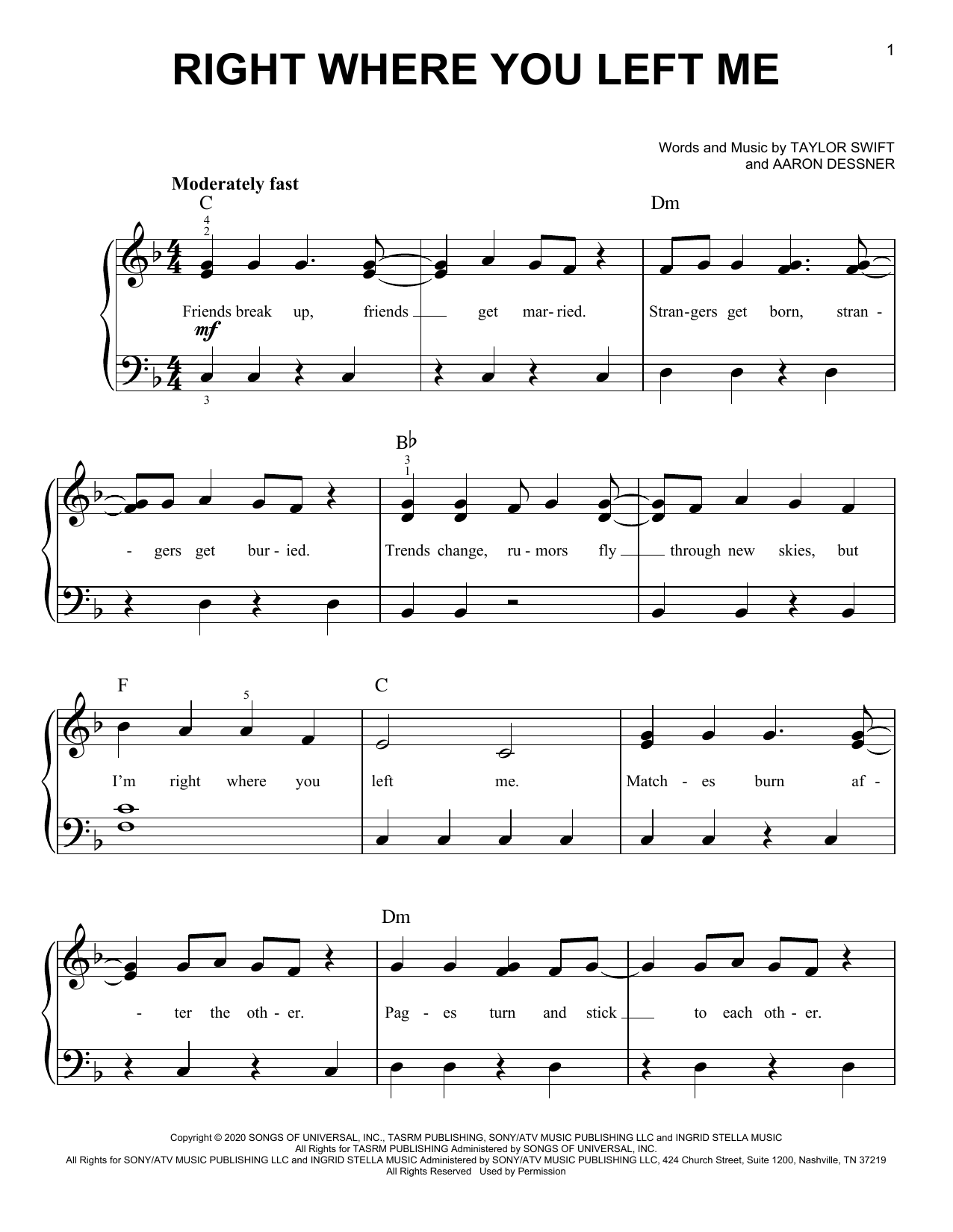 Download Taylor Swift right where you left me Sheet Music and learn how to play Easy Piano PDF digital score in minutes