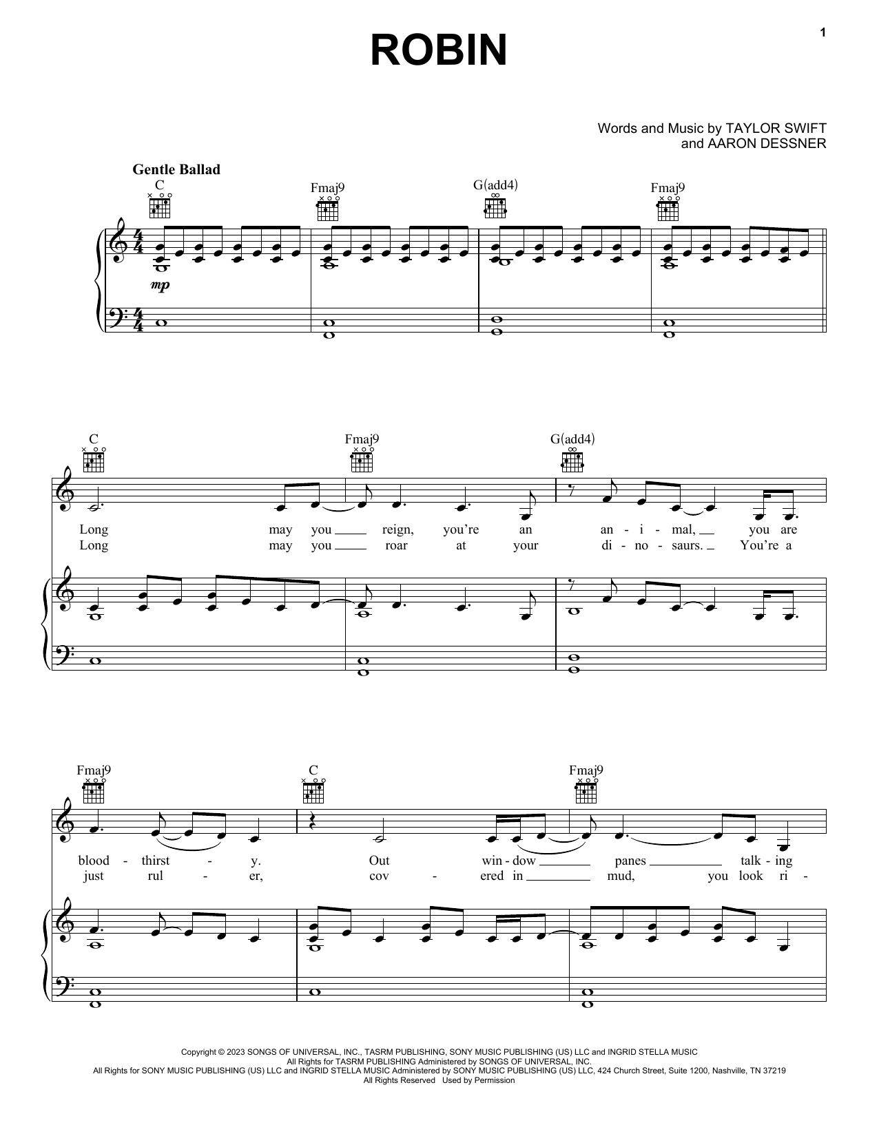 Download Taylor Swift Robin Sheet Music and learn how to play Piano, Vocal & Guitar Chords (Right-Hand Melody) PDF digital score in minutes