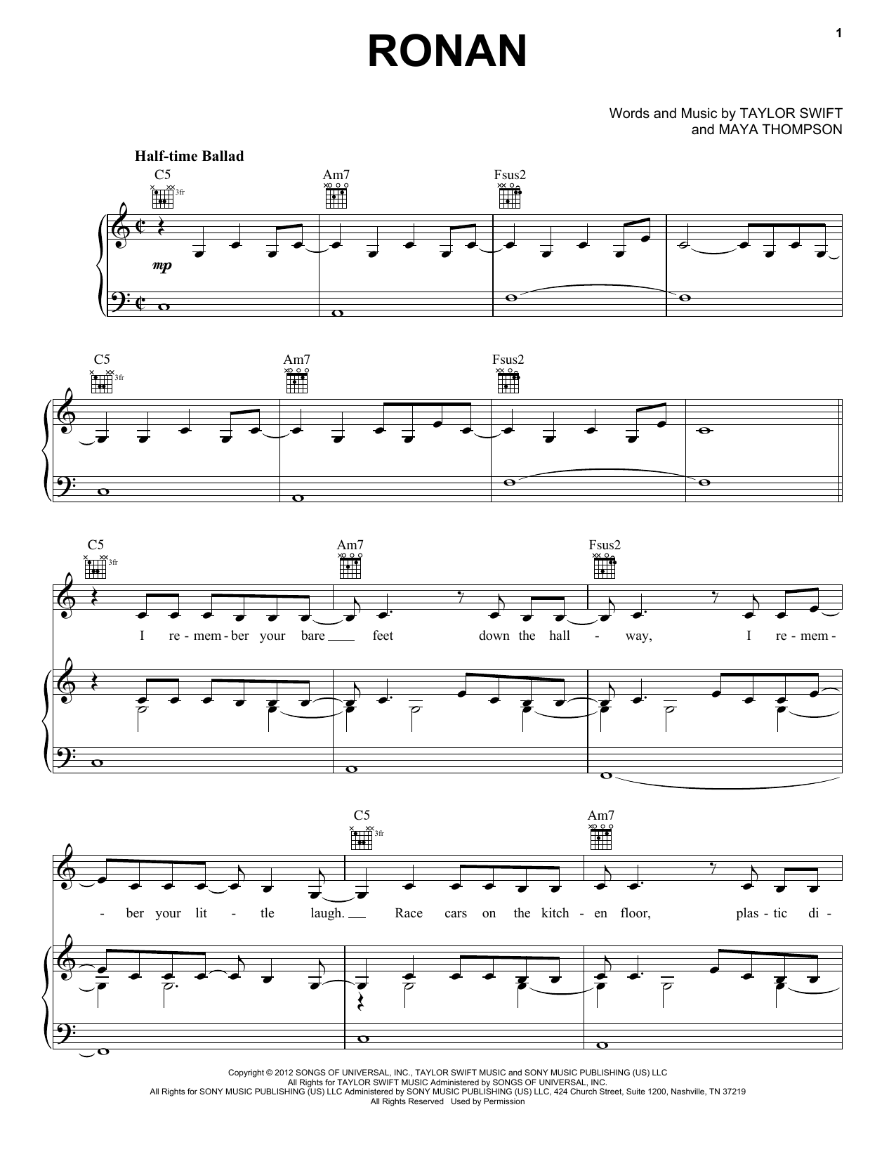 Download Taylor Swift Ronan (Taylor's Version) Sheet Music and learn how to play Piano, Vocal & Guitar Chords (Right-Hand Melody) PDF digital score in minutes