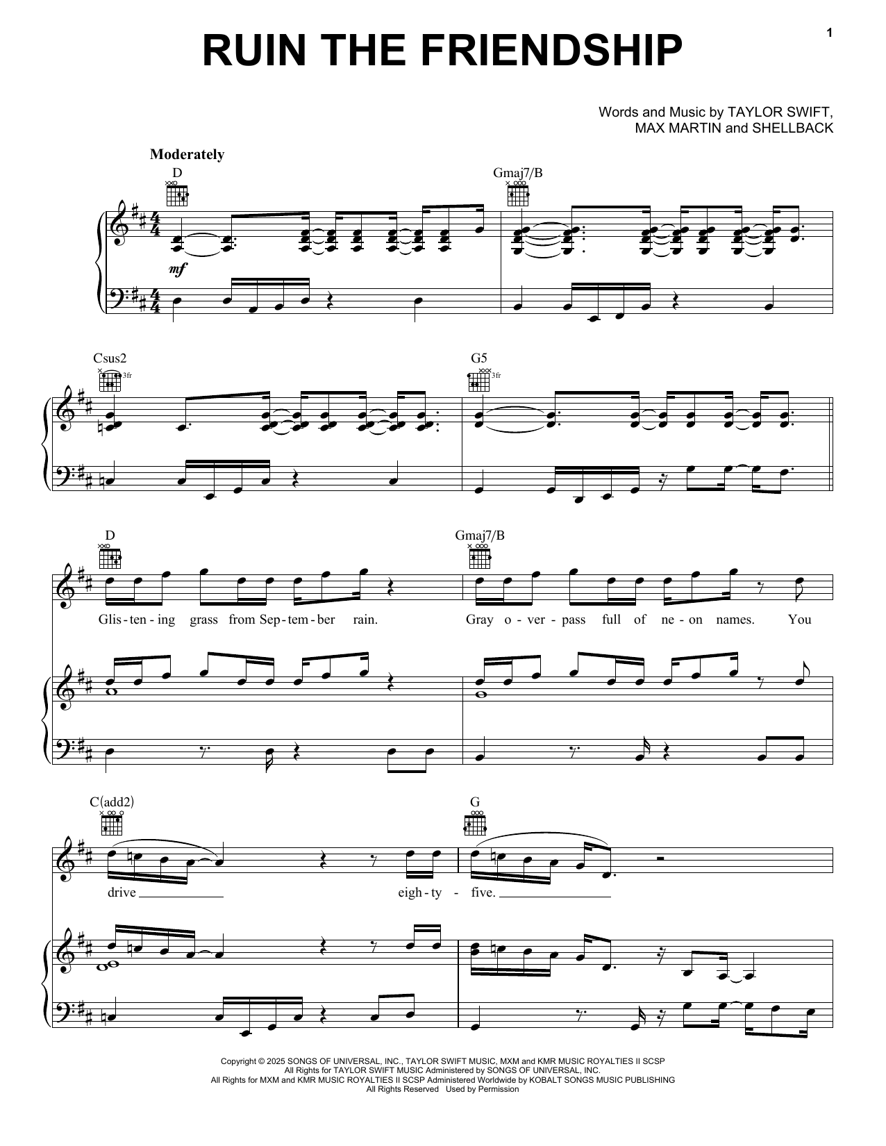Download Taylor Swift Ruin The Friendship Sheet Music and learn how to play Piano, Vocal & Guitar Chords (Right-Hand Melody) PDF digital score in minutes