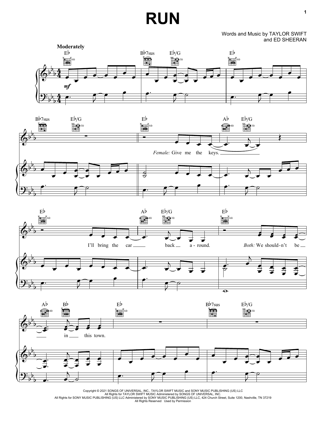 Download Taylor Swift Run (feat. Ed Sheeran) (Taylor's Version) (From The Vault) Sheet Music and learn how to play Piano, Vocal & Guitar Chords (Right-Hand Melody) PDF digital score in minutes