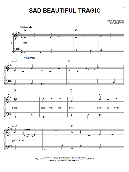 Download Taylor Swift Sad Beautiful Tragic Sheet Music and learn how to play Piano, Vocal & Guitar (Right-Hand Melody) PDF digital score in minutes