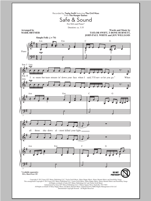 Download Taylor Swift Safe & Sound (arr. Mark Brymer) Sheet Music and learn how to play SSA PDF digital score in minutes