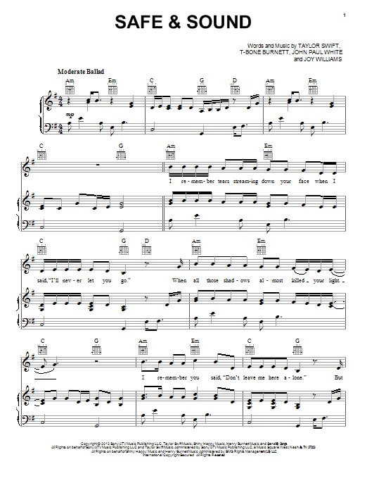 Download Taylor Swift Safe And Sound Sheet Music and learn how to play Piano, Vocal & Guitar PDF digital score in minutes