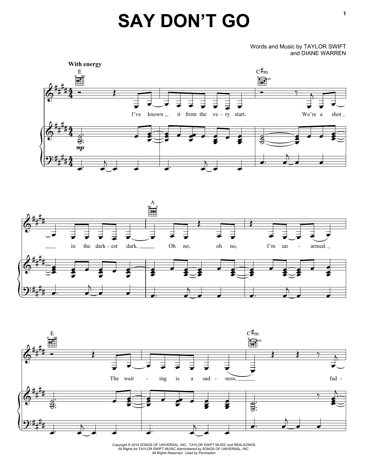 Download Taylor Swift Say Don't Go (Taylor's Version) (From The Vault) Sheet Music and learn how to play Piano, Vocal & Guitar Chords (Right-Hand Melody) PDF digital score in minutes