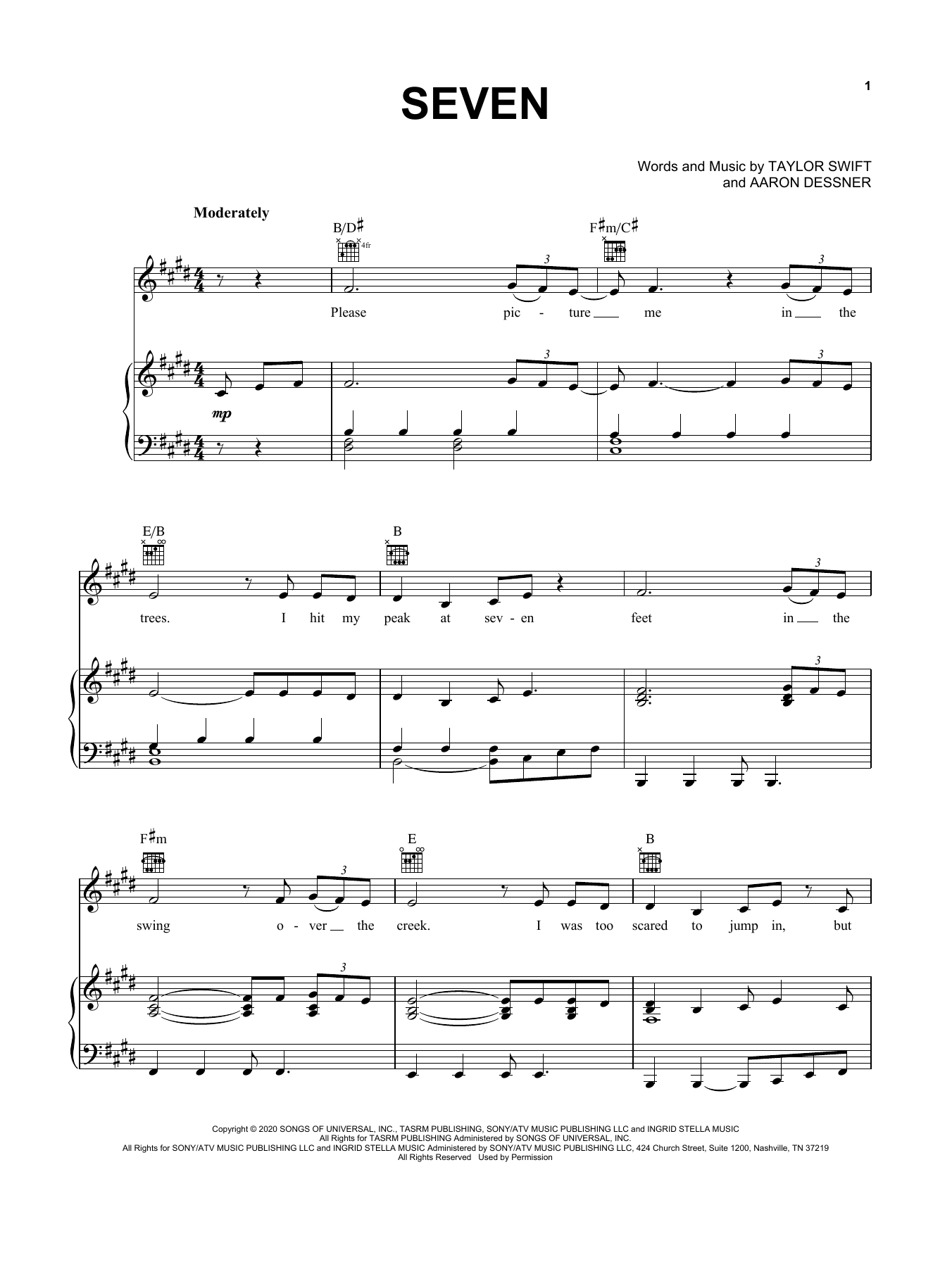 Download Taylor Swift seven Sheet Music and learn how to play Easy Piano PDF digital score in minutes